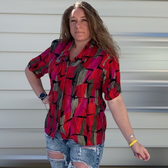 Vintage 90s Rafaella red abstract button blouse - Picture 2 of 6